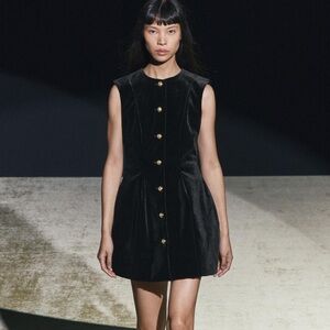 Zara Peplum Velvet Dress Black with Gold Buttons ZW Collection